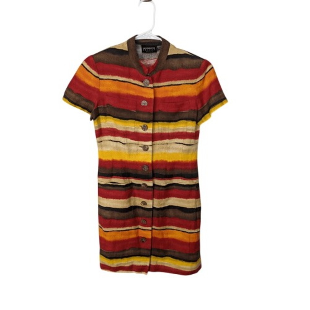 Liz Claiborne Dress w Shoulder Pads Linen Blend Safari Sunset Button Up Collar P